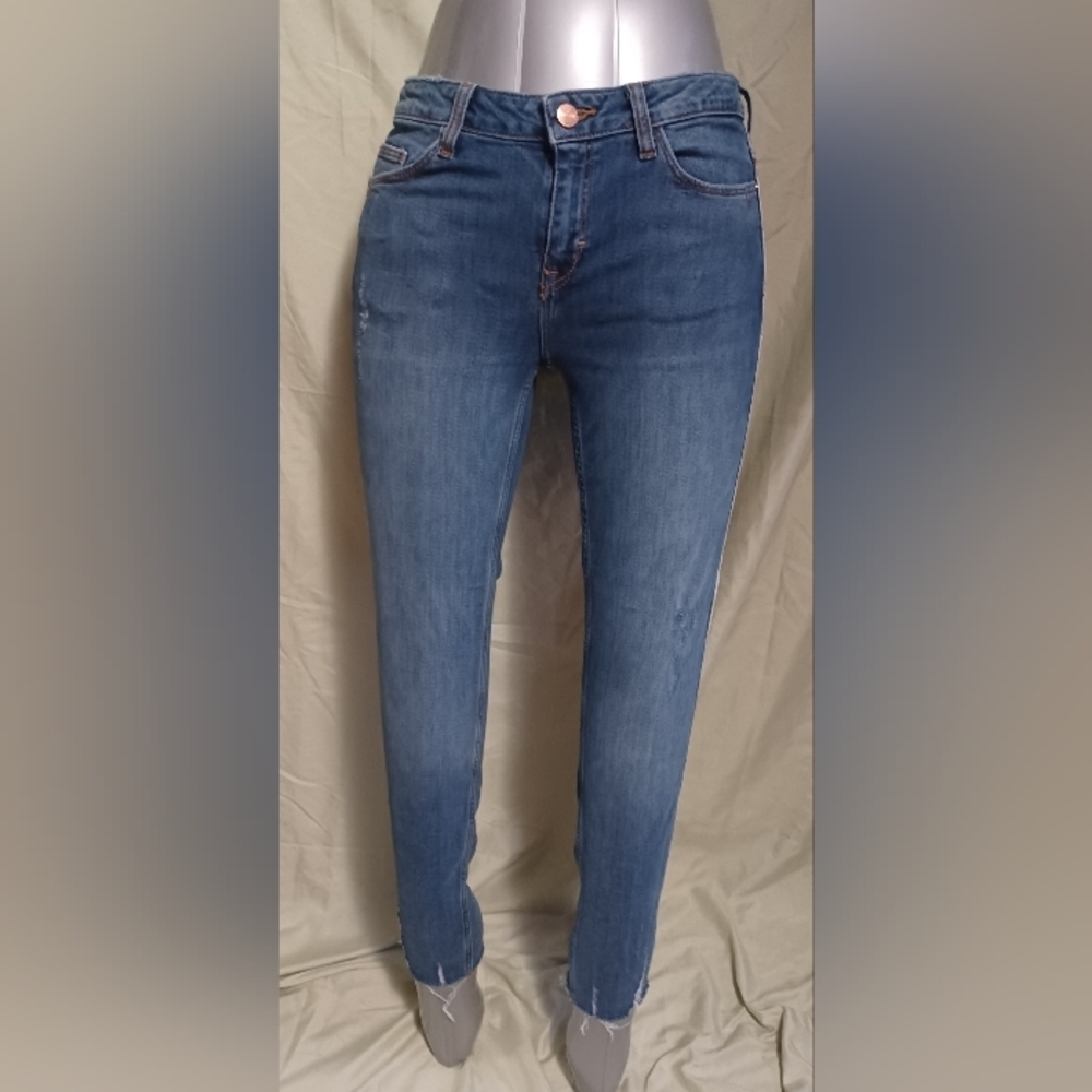 Zara Basic Denim Dept. Blue Skinny Jeans with Red and White Stripe - Picture 2 of 13